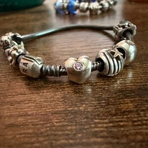 Pandora Silver Heart Charm with Pink CZ (both sides).